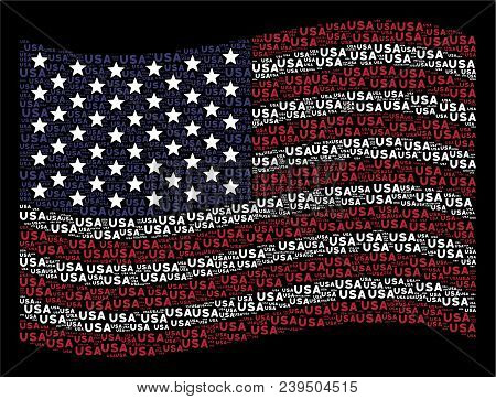 Usa Text Items Are Composed Into Waving American Flag Abstraction On A Dark Background. Vector Compo
