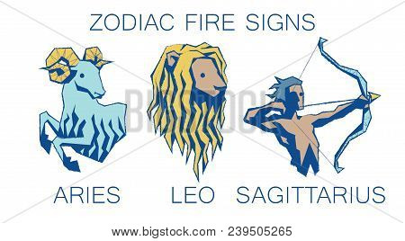 Collection Of Zodiac Signs. Vector Illustration Of Fire Zodiacal Simbols In Faseted Grunge Style On 