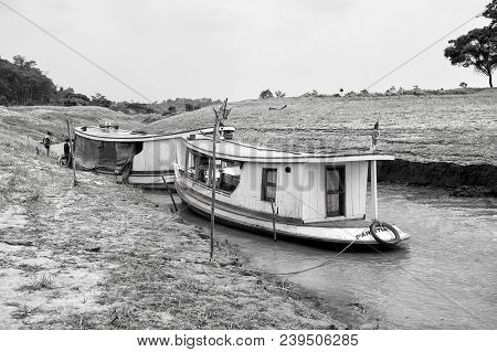 Boca De Valeria, Brazil - December 03, 2015: Two Boats On River Water On Natural Background. Travel 