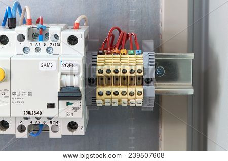 Through Terminals, Circuit Breaker, Modular Contactor And Rcd In Electrical Cabinet. Automation And 