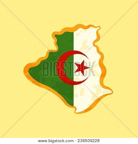 Map Of Algeria Colored With Algerian Flag And Marked With Golden Line In Grunge Vintage Style.