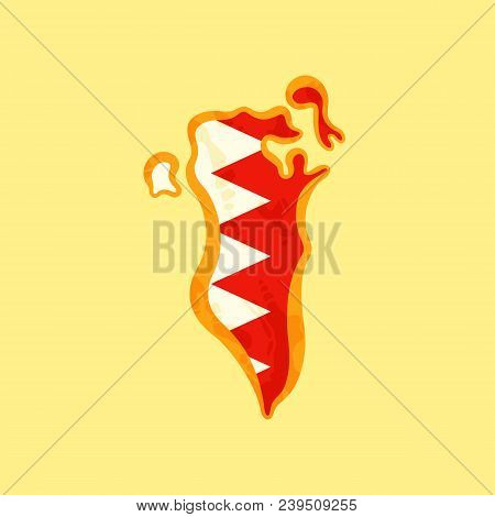 Map Of Bahrain Colored With Bahraini Flag And Marked With Golden Line In Grunge Vintage Style.