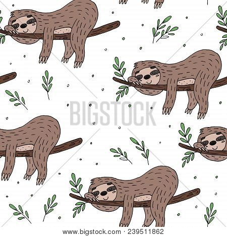 Seamless Pattern With Cute Doodle Sloth Print.