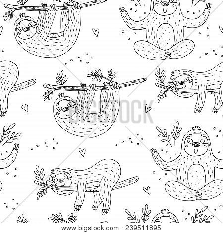 Seamless Pattern With Cute Doodle Sloth Print.