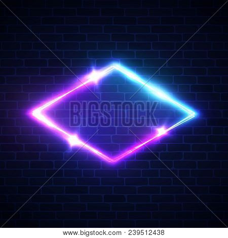 Night Club Neon Light Rhomb On Brick Texture. 3d Lozenge Sign With Neon Effect. Techno Rhombus Backg