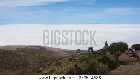 Sunny Day, In The Road To Volcano Tunupa. View Of The Salar De Uyuni