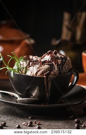 Chocolate Coffee Ice Cream Balls In A Bowl Over Dark Background