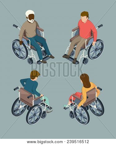 Disabled Male And Female People Setting In Wheelchairs. Isolated Isometric Vector Illustrations. Dis