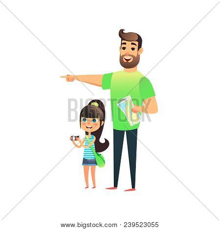 Happy Young Man And Cute Smiling Girl Travel And Attractions. Father And Daughter Travel Togewer. Li