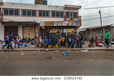 Bissau, Republic Of Guinea-bissau - January 28, 2018: Street Scene In The City Of Bissau With People