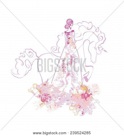Beautiful Young Princess And Unicorn , Vector Illustration
