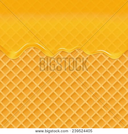 Dripping Honey On A Waffle Background. Honey Splash, Sweet Syrip. Vector Illustration