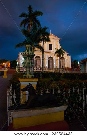 Trinidad, Cuba. Plaza Mayor And Church Of The Holy Trinity. Late Evening. Night Landscape.