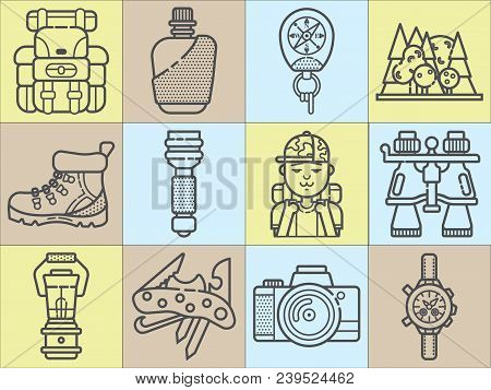 Hiking Equipment And Forest Leasure Vector Icon Set. Mountain Hiking And Trekking Elements. Multitoo