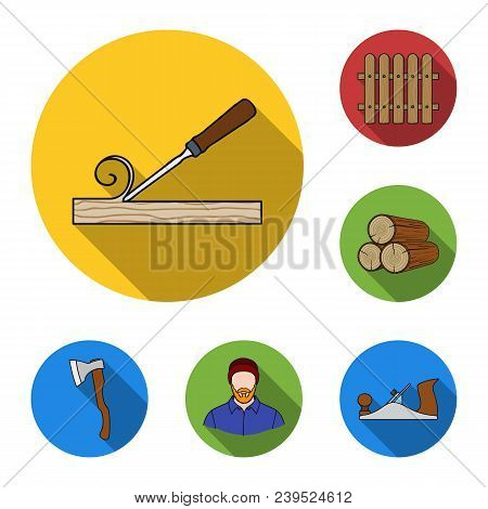 Sawmill And Timber Flat Icons In Set Collection For Design. Hardware And Tools Vector Symbol Stock  