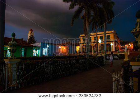 Trinidad, Cuba. Plaza Mayor And Church Of The Holy Trinity. Late Evening. Night Landscape.