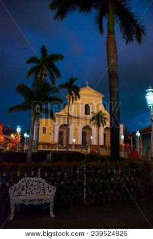Trinidad, Cuba. Plaza Mayor And Church Of The Holy Trinity. Late Evening. Night Landscape.