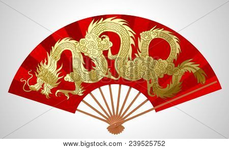 Red chinese fan with gold decorative gragon isolated on white