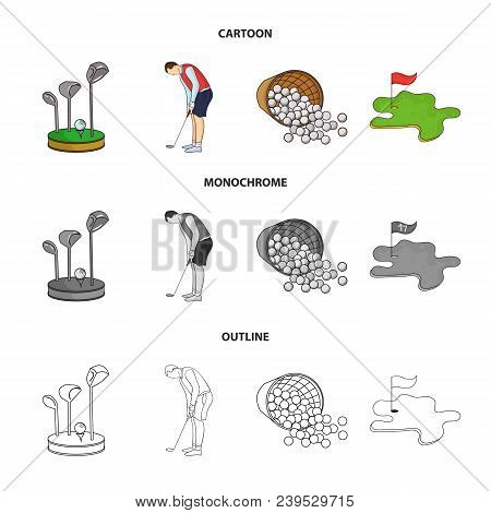 Stand For A Golf Club, Muzhchin Playing With A Club, Basket With Balls, Label With A Flag On The Gol