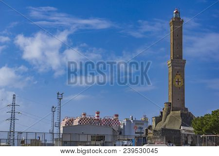 Genoa, Italy - March 12, 2018: View At Lighthouse Of Genoa In Italy. This Symbol And Landmark For Th