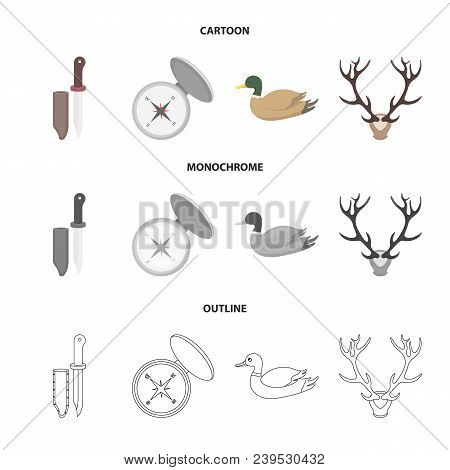 Knife With A Cover, A Duck, A Deer Horn, A Compass With A Lid.hunting Set Collection Icons In Cartoo