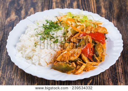 Food Cuisine Rice With Chiken. Chinese Or Thai Rice Topped With Chiken
