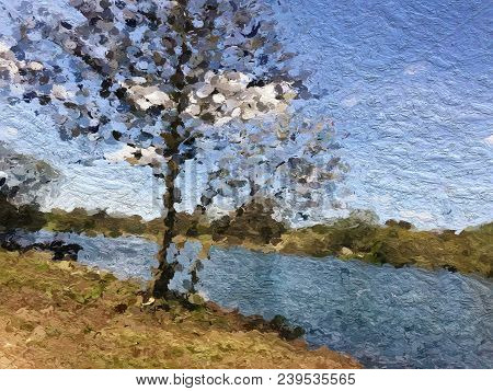 Digital Oil Painting Of A Beautiful Blue Lake Surrounded By Trees On A Sunny Day, With A Blue Sky An