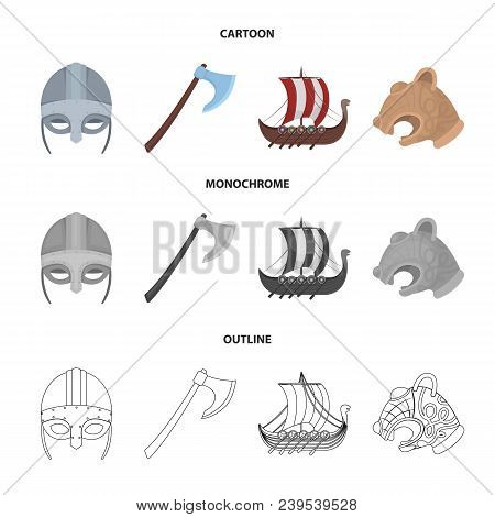 Viking Helmet, Battle Ax, Rook On Oars With Shields, Dragon, Treasure. Vikings Set Collection Icons 