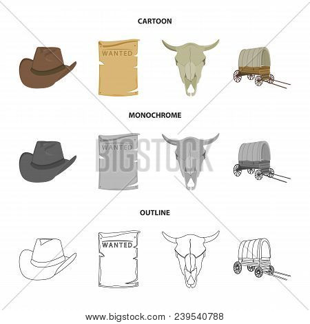 Cowboy Hat, Is Searched, Cart, Bull Skull. Wild West Set Collection Icons In Cartoon, Outline, Monoc