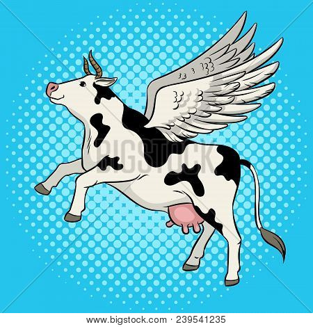 Fake Flying Cow Farm Animal Pop Art Retro Vector Illustration. Comic Book Style Imitation.
