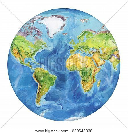Watercolor Geographical Map Of The World. Physical Map Of The World. Europe, Asia, Africa, Australia