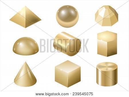 Set Of Different Gold Metal Shapes And Forms. Vector Graphics
