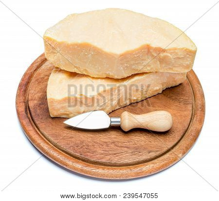 Pieces Of Parmesan Or Parmigiano Hard Cheese Isolated On White Background