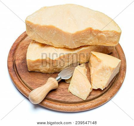 Pieces Of Parmesan Or Parmigiano Hard Cheese Isolated On White Background