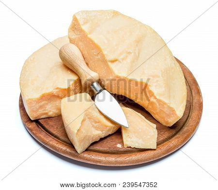 Pieces Of Parmesan Or Parmigiano Hard Cheese Isolated On White Background