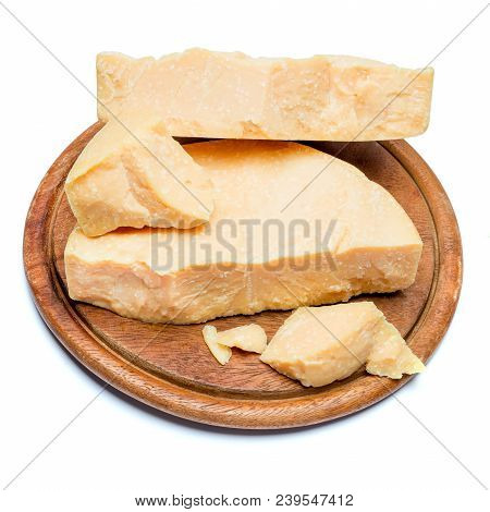 Pieces Of Parmesan Or Parmigiano Hard Cheese Isolated On White Background