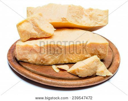 Pieces Of Parmesan Or Parmigiano Hard Cheese Isolated On White Background