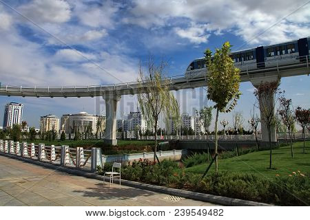 Ashgabat, Turkmenistan, September 26, 2017:  Modern Architecture Of Ashgabat With  Monorail. Ashgaba