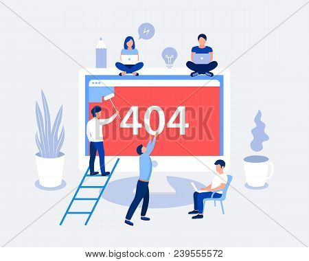 404 Error Page Design Concept. Laptop Screen With Error. Small People Repair The Site With A Problem