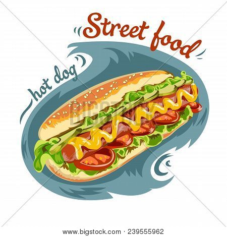 Appetizing Hot Dog - Sausage In A Dough With Lettuce And Mustard. Vector Illustration On White Backg