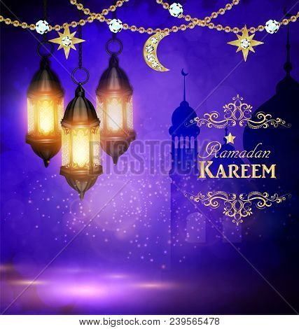 Mosque Silhouette Background In Sunset Sky Lanterns And Golden Moon And Stars For Ramadan Of Islam V