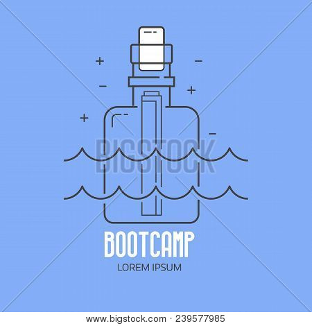 Beach Bootcamp Logo Or Label Template In Linear Style. Summer Camp Logotype With Message Bottle In T