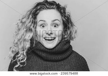 Stunned Beautiful Blue Eyed Young Woman With Light Crisp Hair, Doesn`t Expect To Recieve Shocking Ne