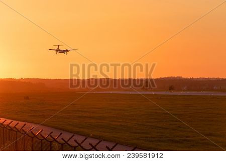 Gdansk, Poland - May 5, 2018: Passenger Plane Approaching At Lech Walesa Airport In Gdansk At Sunset