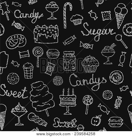 Seamless Pattern Of Candys, Cakes, Sweets And Desserts. Hand Drawn Vector Illustrations