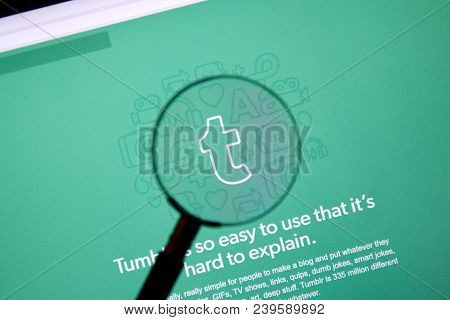 Montreal, Canada - March 10, 2018 : Tumblr Web Page Under Magnifying Glass. Tumblr Is A Microbloggin