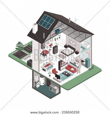 Contemporary Energy Efficient Isometric House Cross Section And Room Interiors On White Background, 