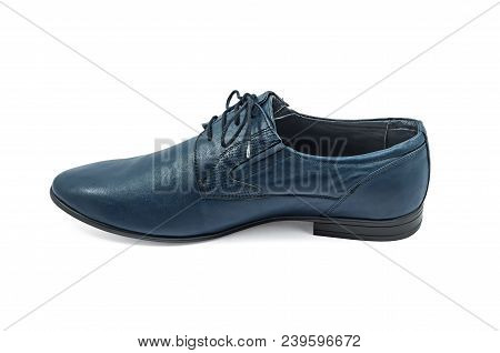 Right Male Fashionable Shoe Dark Blue Color, Classic Design On A White Background Isolated