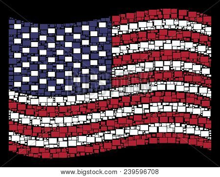 Filled Rectange Pictograms Are Combined Into Waving American Flag Stylization On A Dark Background. 
