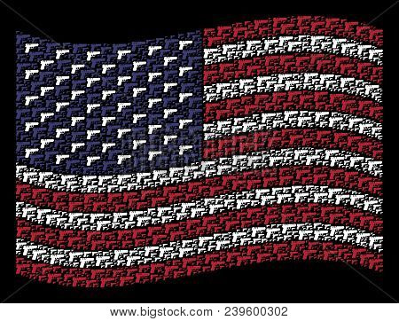 Pistol Gun Pictograms Are Combined Into Waving Usa Flag Abstraction On A Dark Background. Vector Col